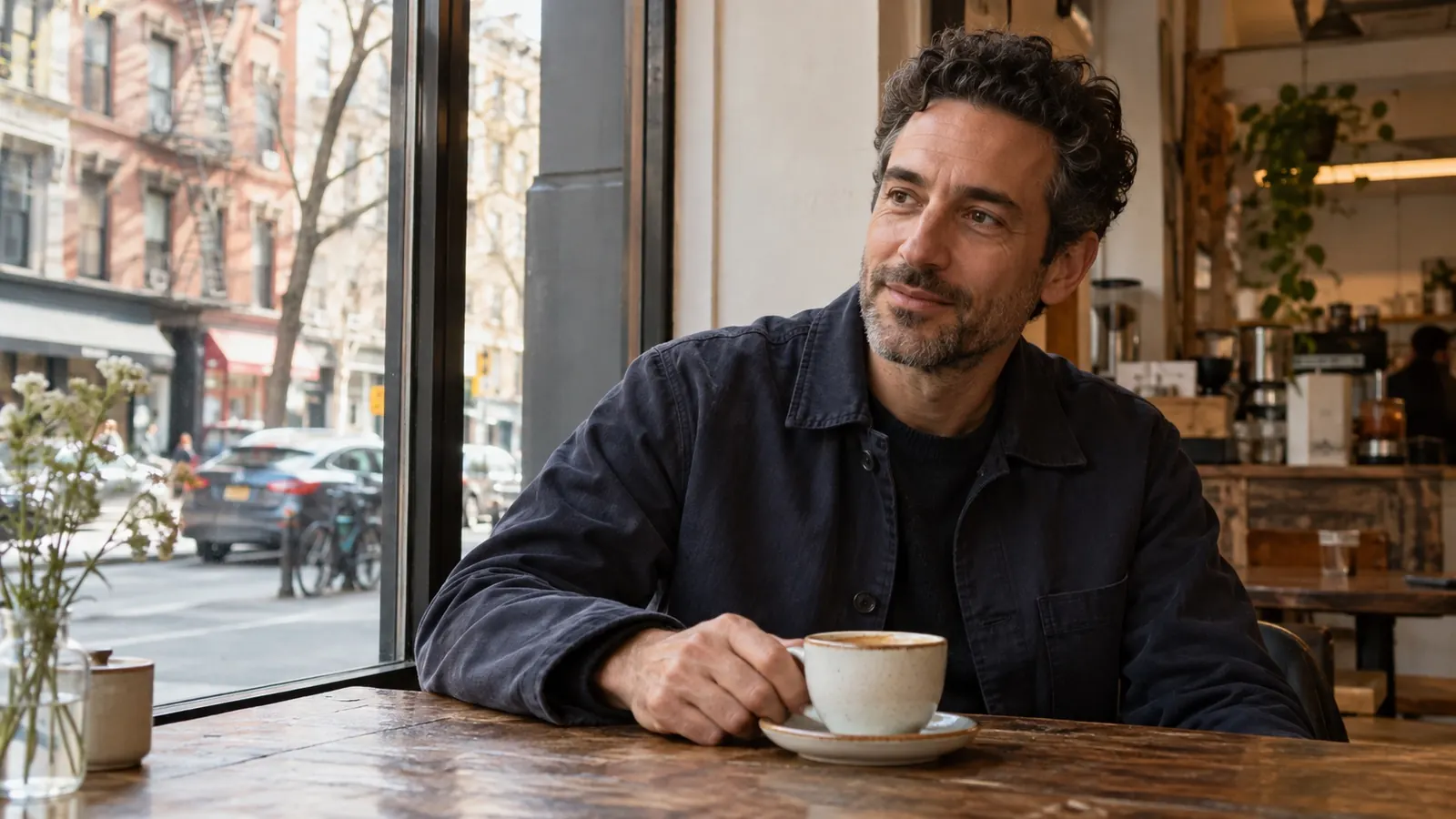 An approachable person seated by a New York café window