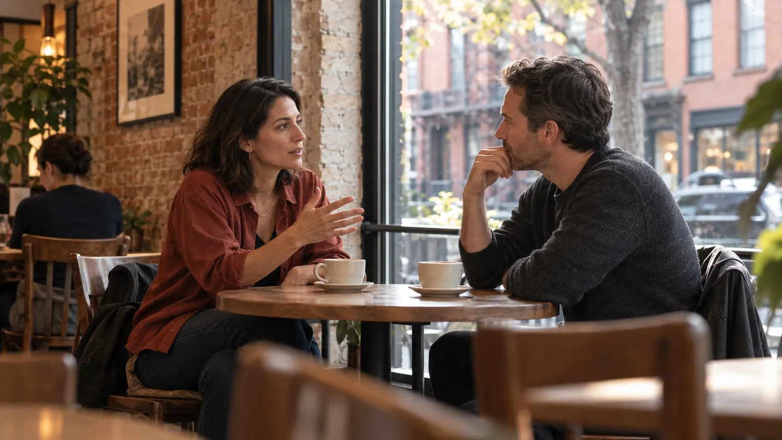 Two people meeting face-to-face at a neighborhood café