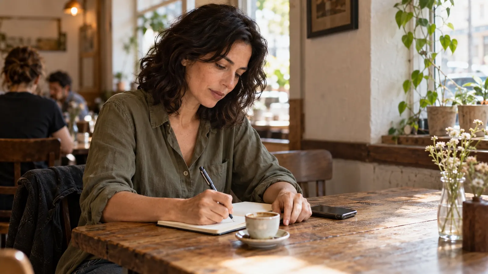 Preparing a session with notes over coffee