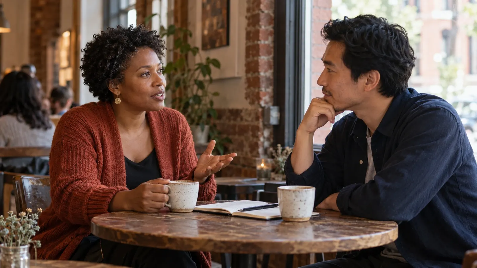 A host sharing her perspective with a guest