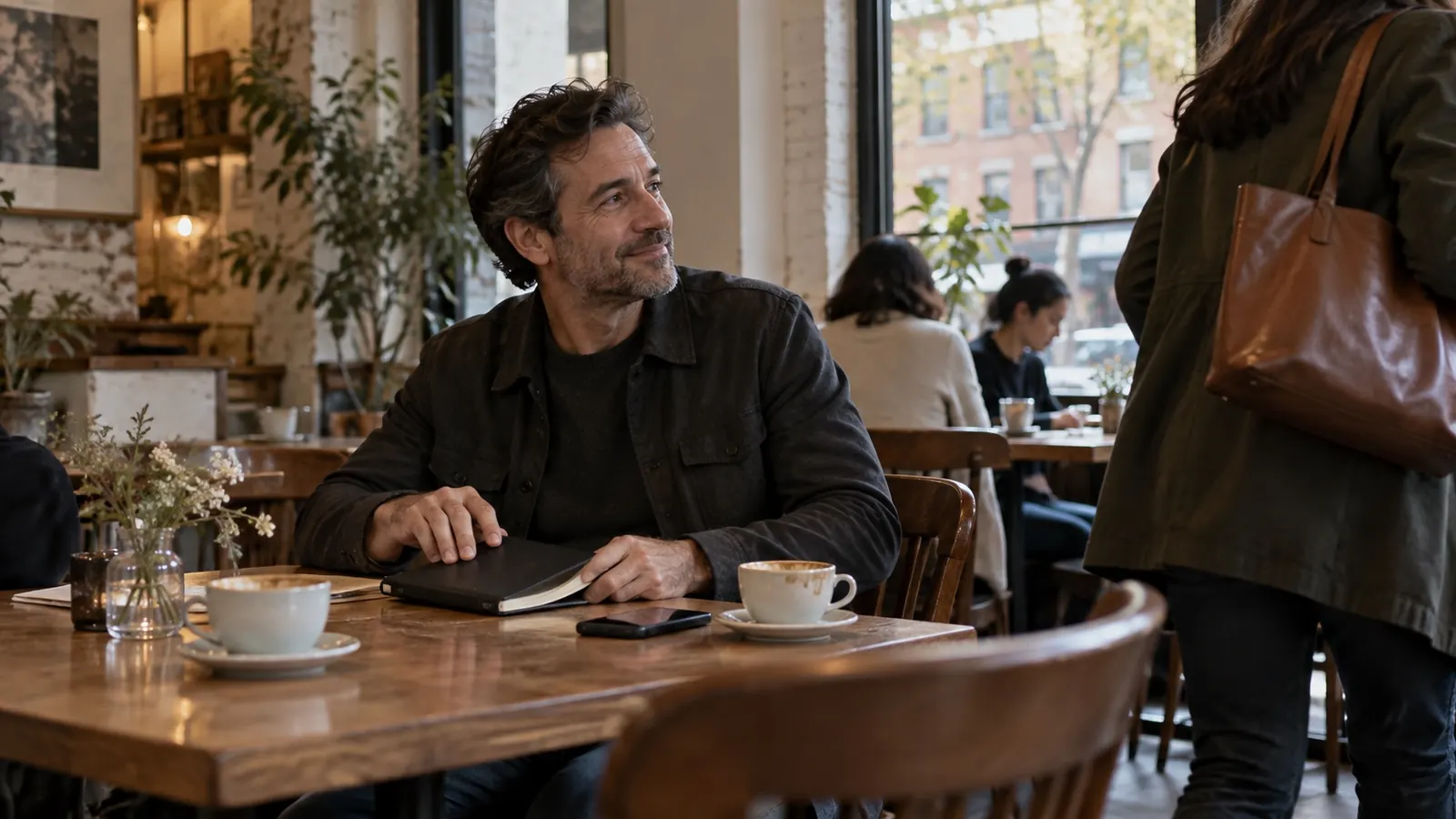 A host wrapping up a worthwhile café conversation