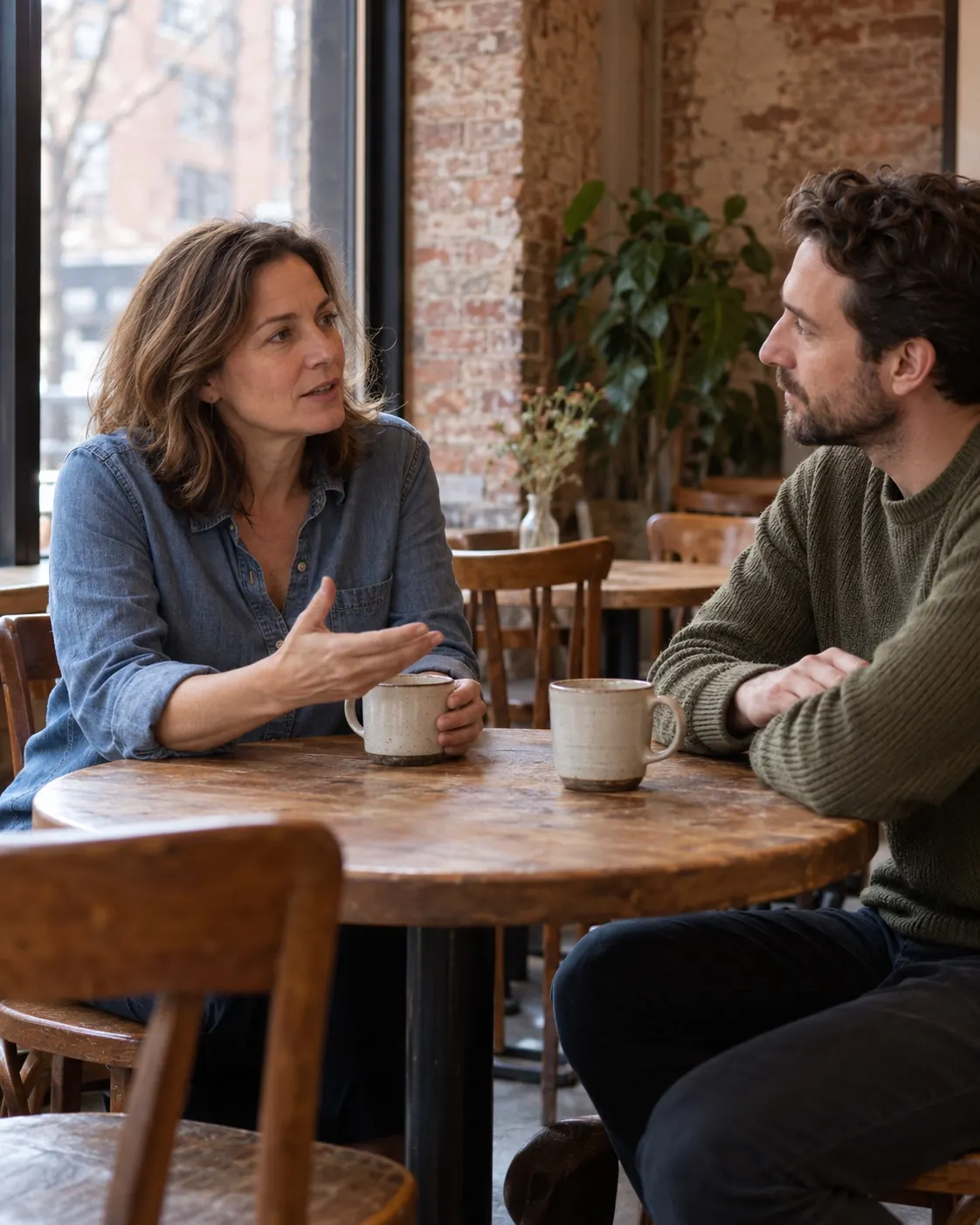 Two people sharing lived experience over coffee at a café