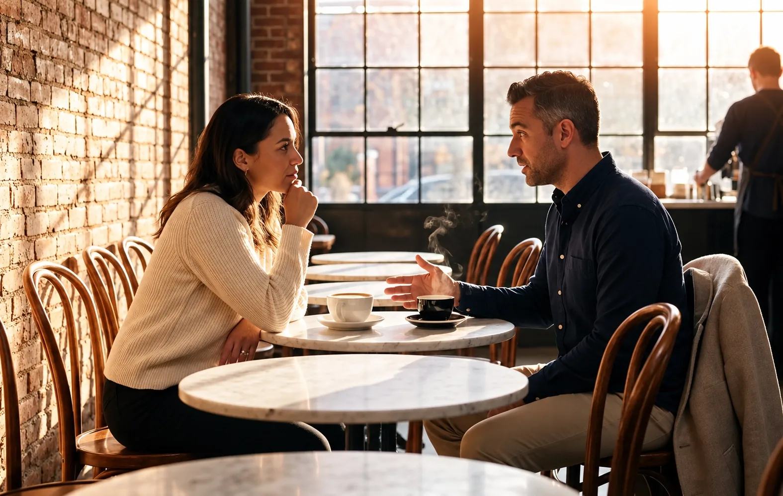 Two people sharing a conversation over coffee in a sunlit café