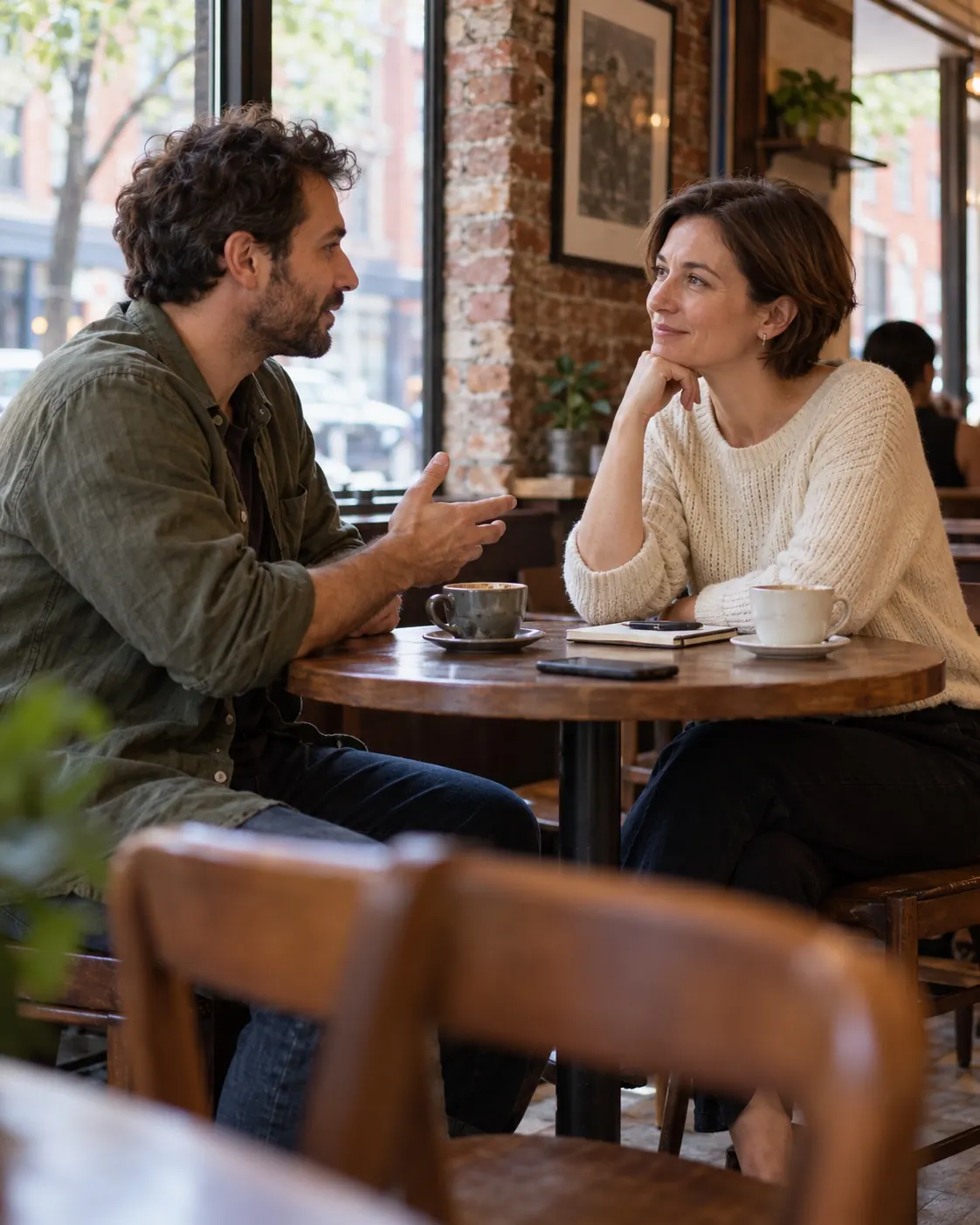 Two people reflecting on a conversation over coffee